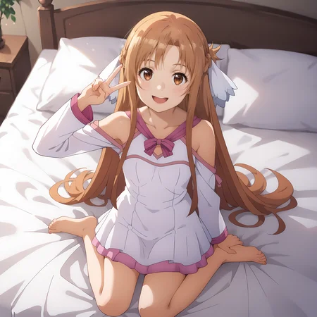 cinematic film still score_9, score_8_up, score_7_up,source_anime, bedroom, 1girl, <lora:Asuna_Stacia_nightgown:0.9> astnig, asuna \(sao\), brown hair, long hair, brown eyes, white hair ribbon, off shoulder, long sleeves, halterneck, ribbon trim, white nightgown, two-tone dress, pink trim, layered skirt, sitting, on bed, full body, barefoot, looking at viewer, (from above:1.2), vanishing point, smile, sunlight, lens flare, leaning back, head tilt, upper teeth only, v, arm up, <lora:add-detail-xl:1.5> . shallow depth of field, vignette, highly detailed, high budget, bokeh, cinemascope, moody, epic, gorgeous, film grain, grainy