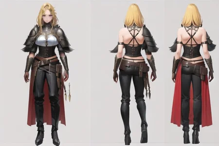 1woman, solo, armor, pauldrons, <lora:BarbarianT-18:0.8>, BarbarianT, muscular female, bare body builder abs, ((masterpiece: 1.4, perfect face, best quality: 1.2)), ultra highly detailed, detailed eyes, delicate hair details, armor faulds, fantasy crop top, arm armor, armor greaves, furry tippet, large breasts, sexy eyes, devilish grin, mixed blonde hair, extremely messy large shag hair cape, many braids and beads in hair, intricate details, hazel eyes, eyeliner, eyelashes, crossed_bangs, warpaint, one bare muscular armor with viking design tattoo, wide striped puffy sleeves, multicolor sleeves, tribal design asymmetrical lion cloths, leather boots, wide striped baggy pants trousers, tassel belt accessories, barbarian woman, brown leather hip belt with pouch on right side of hip, sword sheath on left side of hip belt, leather gloves with fur trim, saturated brown tones, nordic, fantasy aesthetic,(flat saturated colors), fine details, intense,(lineart:1.33), charactersheet, reference sheet, multiple views, white background