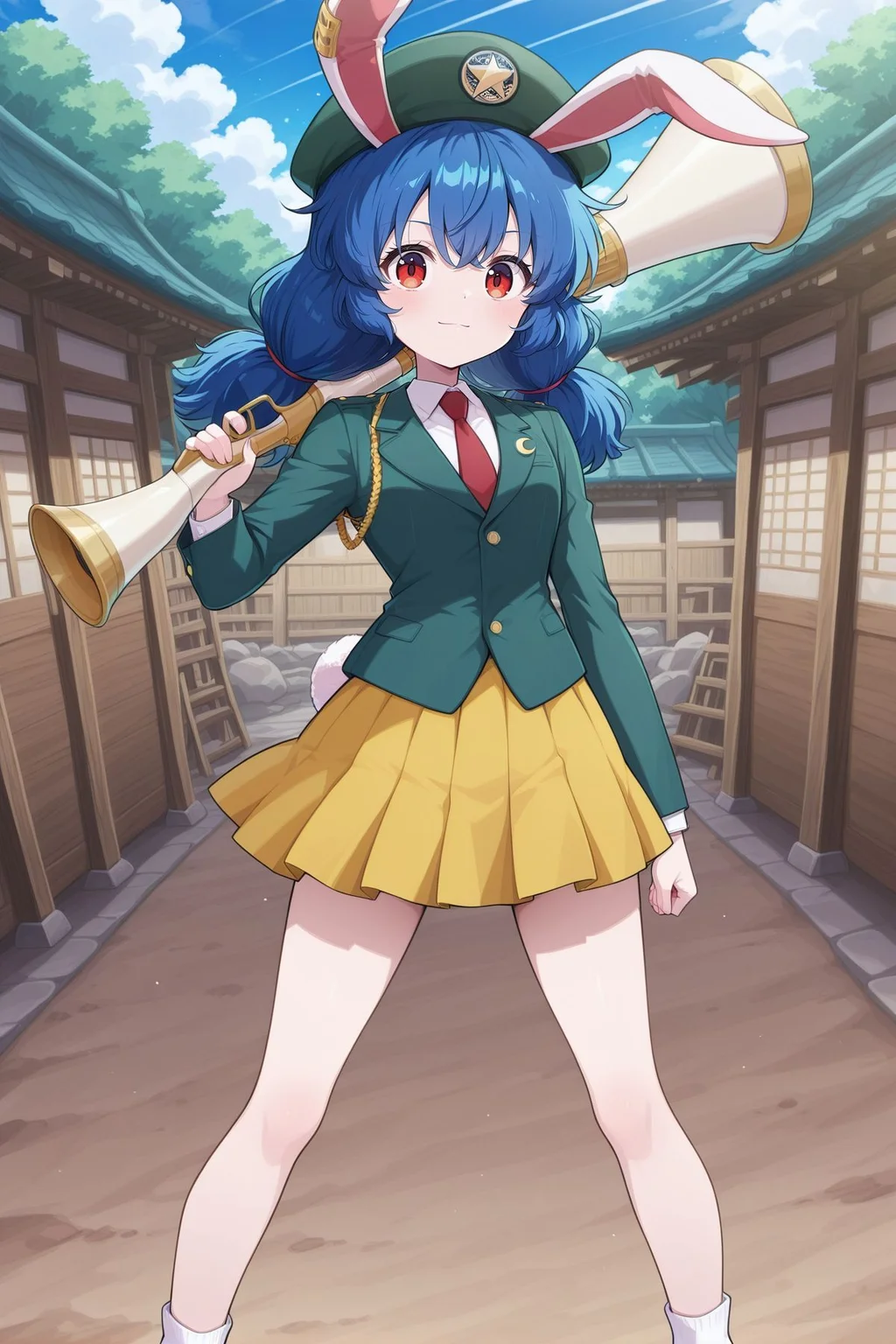 absurdres, highres, masterpiece, best quality, amazing quality, official anime artwork, screencap, anime screencap, outdoors, looking at viewer, light smile, dynamic pose, standing,
<lora:Seiran_Illustrious:1> seiran, 1girl, solo, red eyes, blue hair, long hair, low twintails, rabbit ears, rabbit tail,, seiran \(eagle ravi special forces\), alternate costume, earclip, green headwear, beret, crescent pin, green jacket, long sleeves, collared shirt, white shirt, red necktie, yellow skirt, pleated skirt, white socks, brown footwear, buttons, lunatic gun, holding gun,