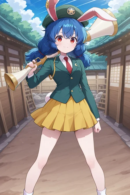 absurdres, highres, masterpiece, best quality, amazing quality, official anime artwork, screencap, anime screencap, outdoors, looking at viewer, light smile, dynamic pose, standing,
 <lora:Seiran_Illustrious:1> seiran, 1girl, solo, red eyes, blue hair, long hair, low twintails, rabbit ears, rabbit tail,, seiran \(eagle ravi special forces\), alternate costume, earclip, green headwear, beret, crescent pin, green jacket, long sleeves, collared shirt, white shirt, red necktie, yellow skirt, pleated skirt, white socks, brown footwear, buttons, lunatic gun, holding gun,