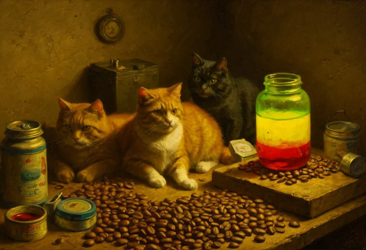 a painting of a two cats on a pile of coffee beans, orange cat, black cat, clutter, trash, messy bench, cans, tools, computer parts, electronics, light bulbs, battery charger, batteries, charger, 18650, wires, cardboard boxes, random items, various objects, disorganized storage, stone wall, low key, spot lighting, BREAK glass jars, green goo, yellow goo, glass bottle, red liquid, backlit