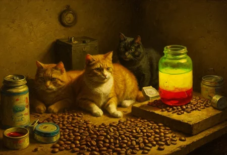 a painting of a two cats on a pile of coffee beans, orange cat, black cat, clutter, trash, messy bench, cans, tools, computer parts, electronics, light bulbs, battery charger, batteries, charger, 18650, wires, cardboard boxes, random items, various objects, disorganized storage, stone wall, low key, spot lighting, BREAK glass jars, green goo, yellow goo, glass bottle, red liquid, backlit