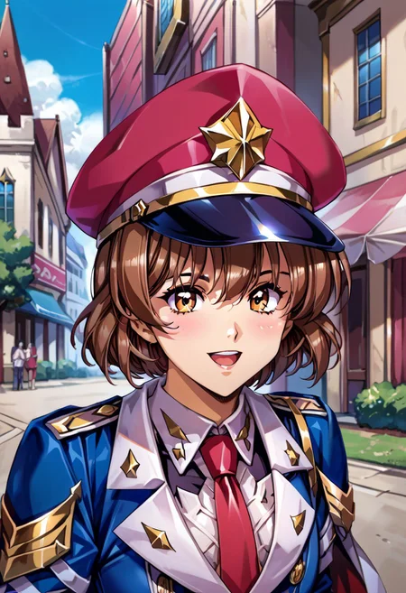 (score_9,score_8_up,score_7_up,source_anime,(masterpiece:1.2),best quality,very aesthetic,public indecency,absurdres),masterpiece,best quality,very aesthetic,absurdres,fantasy,1girl,solo, <lora:betty_p_v1:1>,b_y,ahoge,brown hair,brown eyes,short hair,,<lora:Fixhands_anime_bdsqlsz_V1:1>, blue jacket, black pants, red necktie, short necktie, peaked cap, emblem, military uniform, black gloves, half gloves, yellow shirt, double-breasted , open mouth, blush,light smile looking at viewer,(upper body, close-up,:1.3), outdoors,, masterpiece,best quality, very aesthetic, absurdres, ultra detailed, high resolution, 4k, extremely detailed CG,