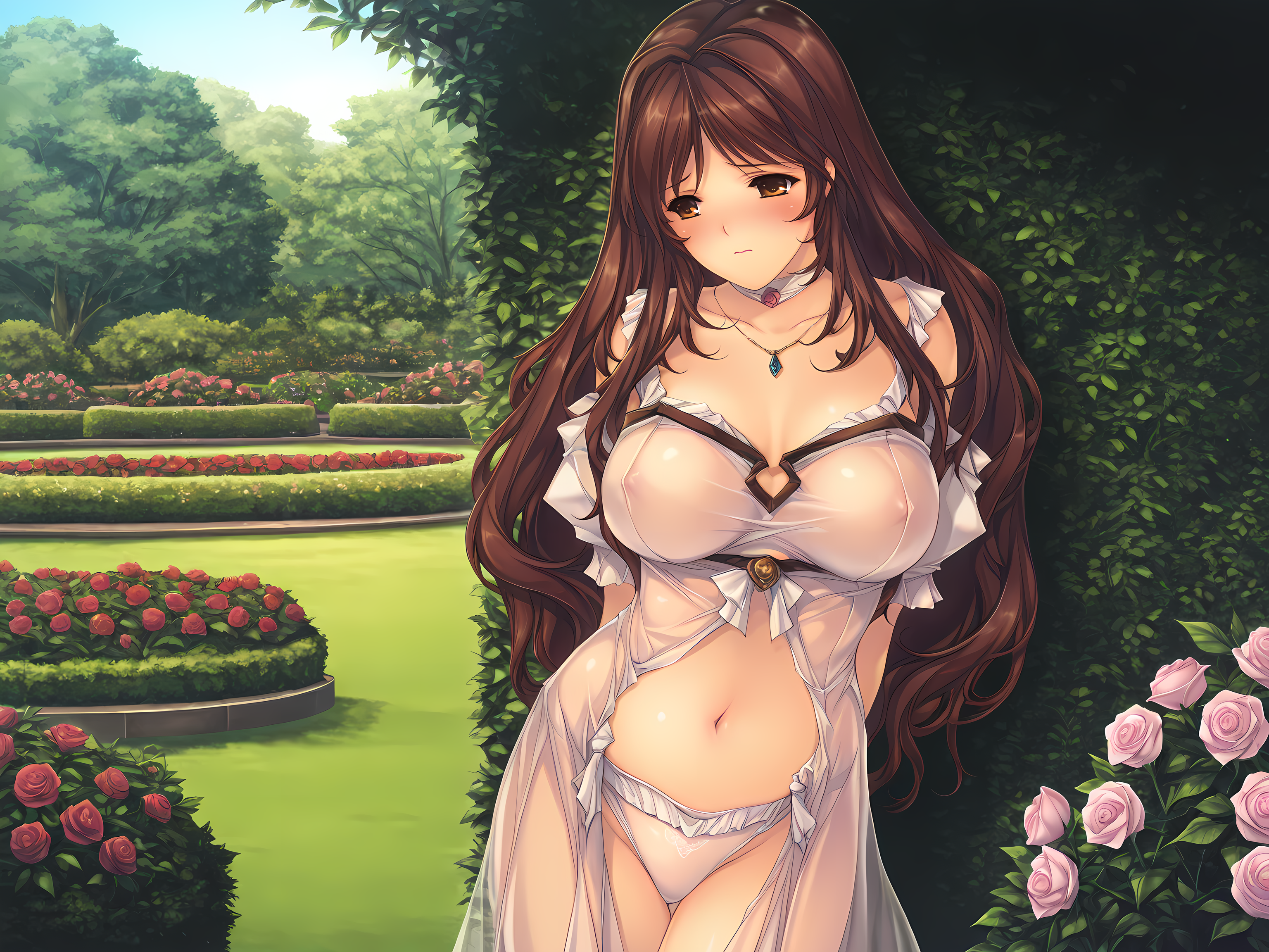<lora:Oyako_Rankan_Illustrious:0.8>,1girl,solo,min-naraken,saya,ngbd outfit,cowboy shot,outdoors,garden,flower,rose,embarrassed,hiding,see-through, underwear, navel, large breasts,, masterpiece,best quality,amazing quality,