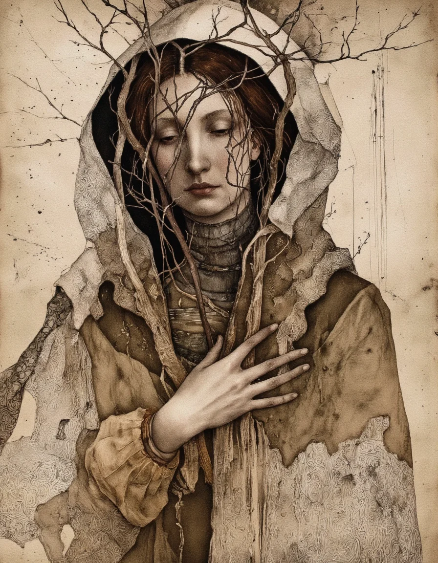 Art by Marina Richterova. A digital illustration shoot from a frontal camera angle about a figure covered in twisted branches and vines, creating a sense of mystery and isolation. the image also shows intricate details and textures, as well as a soft, textured background with lines and a warm color palette. on the middle of the image, a 1woman, who appears to be in her mid-twenties, with a slim body and a neutral expression, is facing the viewer with her eyes closed and her mouth slightly open. her hair is long and wavy, covering her face and upper body. she is wearing a hooded cloak that is intricately designed with vines and wires, giving her a mysterious and otherworldly appearance. her arms are crossed in front of her chest, adding to the sense of tension and vulnerability. the overall effect is one of a surreal and unsettling depiction of a human figure, with the intricate and twisted nature of the vines wrapping around her body and face.