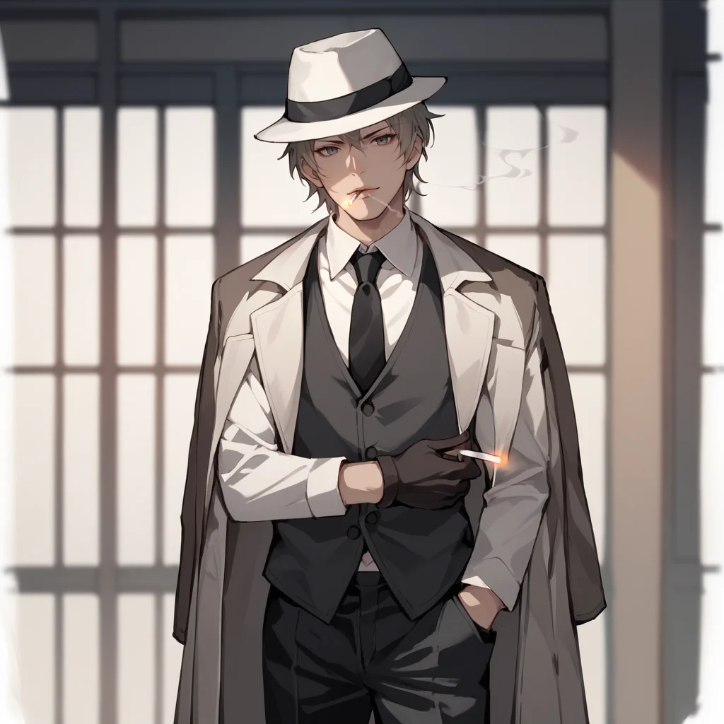 score_9,score_8_up,score_7_up,score_6_up,source_anime,rating_questionable, solo, <lora:Mafia_Outfit:0.8> mafi4, necktie, gloves, suit, fedora, white shirt, black vest, black pants, coat, cigarette,, zPDXL2,