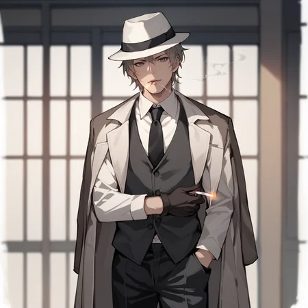score_9,score_8_up,score_7_up,score_6_up,source_anime,rating_questionable, solo, <lora:Mafia_Outfit:0.8> mafi4, necktie, gloves, suit, fedora, white shirt, black vest, black pants, coat, cigarette,, zPDXL2,