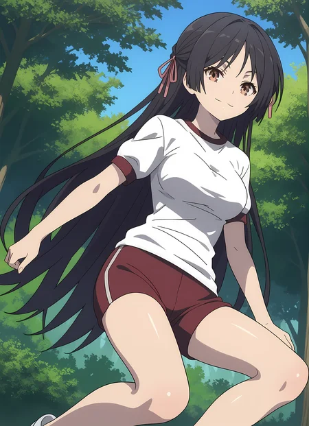 score_9,score_8_up,score_7_up,closed mouth, shiny skin, light smile,ohwx, black_hair, long_hair, 1girl, solo, brown_eyes, breasts, hair_ribbon, ribbon, medium_breasts, very_long_hair, large_breasts, half_updo,gym_uniform, Jumping with knees pulled up, redwood forest,,<lora:akio_fudo_pony_sobsynapse-000011:1>