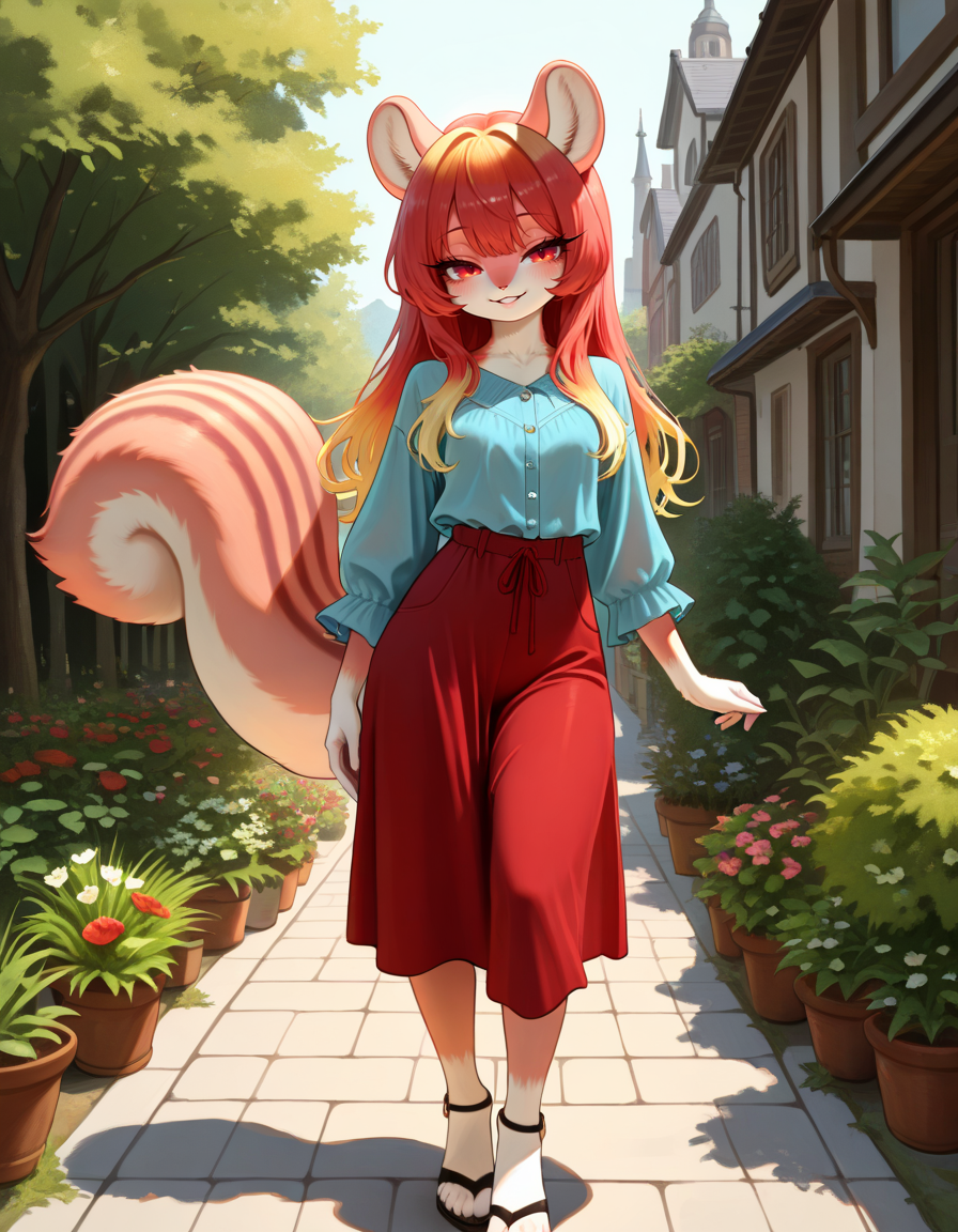masterpiece, best quality, very aesthetic, absurdres,
outdoors,
standing, posing, 
casual, 
full body, seductive smile, parted lips, long eyelashes,
<lora:Namuta_v01_NAIXL:1>
Namuta,1girl,solo,furry,furry female,squirrel girl,squirrel ears,long hair,multicolored hair,red eyes,animal nose,body fur,squirrel tail,