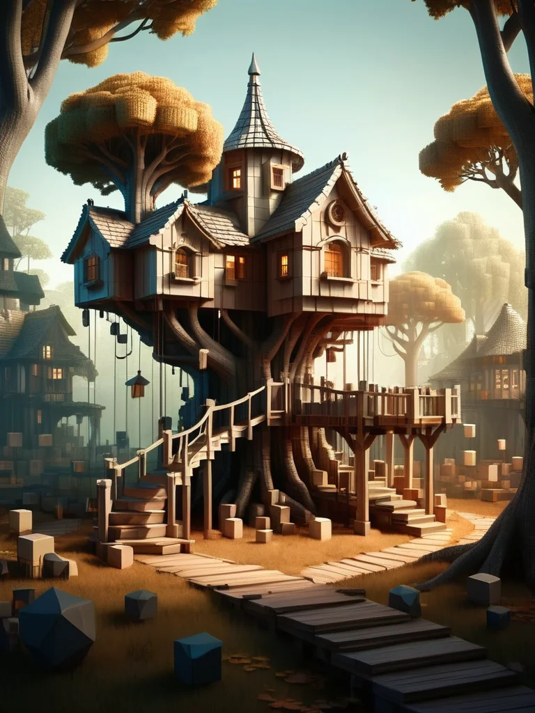 (fairytale treehouse village:1.3) nestled in a woodland, casting dynamic lighting, contrasting shadows, highly detailed architecture, cinematic realism, high contrast, denoised clarity, centered composition, evoking Michael Whelan's art style, enchanting ambiance, intricate woodwork, ethereal glow, professional grade, <lora:ral-3dcubes:1> ral-3dcubes