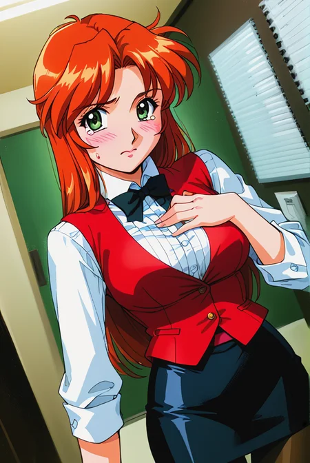 score 9,score 8 up,score 7 up,rating questionable,detailed background,aroused,cinematic lighting,dynamic lighting,source_anime,
<lora:pony_xl_kyoko:0.8>,kyoko,large breasts,narrow waist,
steaming body,sensual,alluring,sweatdrop,
red vest,long sleeves,striped white shirt,shirt tucked in,black bow,red belt,black skirt,pencil skirt,pantyhose,
indoors,mahjong room,
standing,hand on own chest,
blush,embarrassed,troubled eyebrows,closed mouth,looking at viewer,dutch angle,tears,