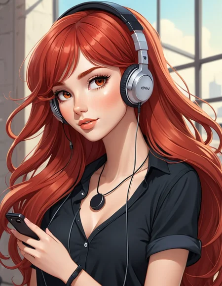 cartoon style, long red hair, long bangs, long eyelashes, thick eyelashes, thick lips, loose hairstyle, relaxed pose, casual black shirt, partially unbuttoned, necklace, complex and intricate background, soft colors, detailed hair strands, expressive eyes, contemporary cartoon art, dynamic lines, high-quality illustration, wearing headphones, wired headphones, holding phone, listening to music, joyful expression