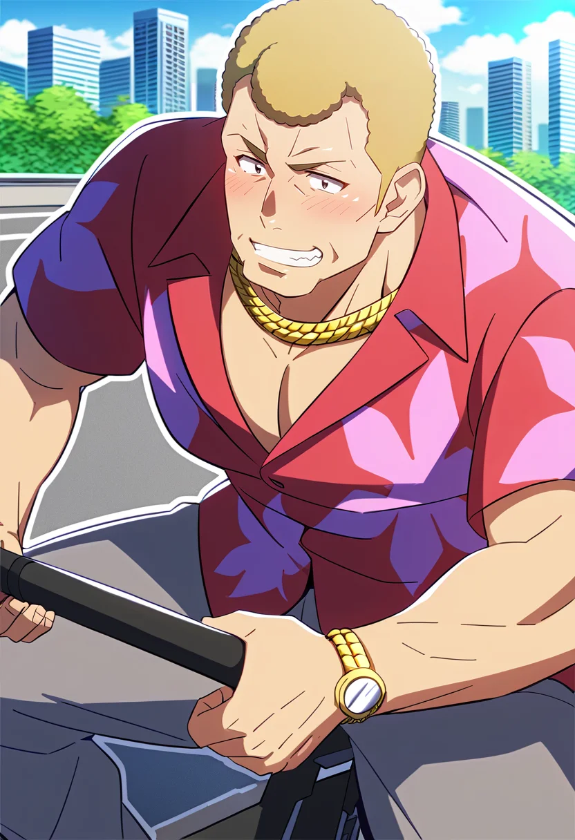 1boy, houjouteppei, male focus, solo, mature male, middle-aged, muscular, bara, blonde hair, short hair, black eyes, grin, blush, riding bike, motion lines, highway, skyscraper, cityscape, red and pink hawaiian shirt, grey pants, wristwatch, necklace, cleft chin, extremely detailed, 8k, best quality, amazing quality, best aesthetic, absurdres, year 2023 <lora:teppei_pony-2:1.5>