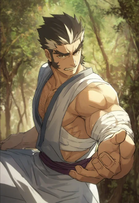 1boy, genji, long sideburns, thick eyebrows, multicolored hair, sleeveless kimono, attack pose, forest environment, score_8_up, score_7_up, score_6_up, score_9_up, face_focus, fantasy, ((middle-age man)), 50 years old, hairy, muscular, centered, looking at viewer,  8k uhd, high quality,