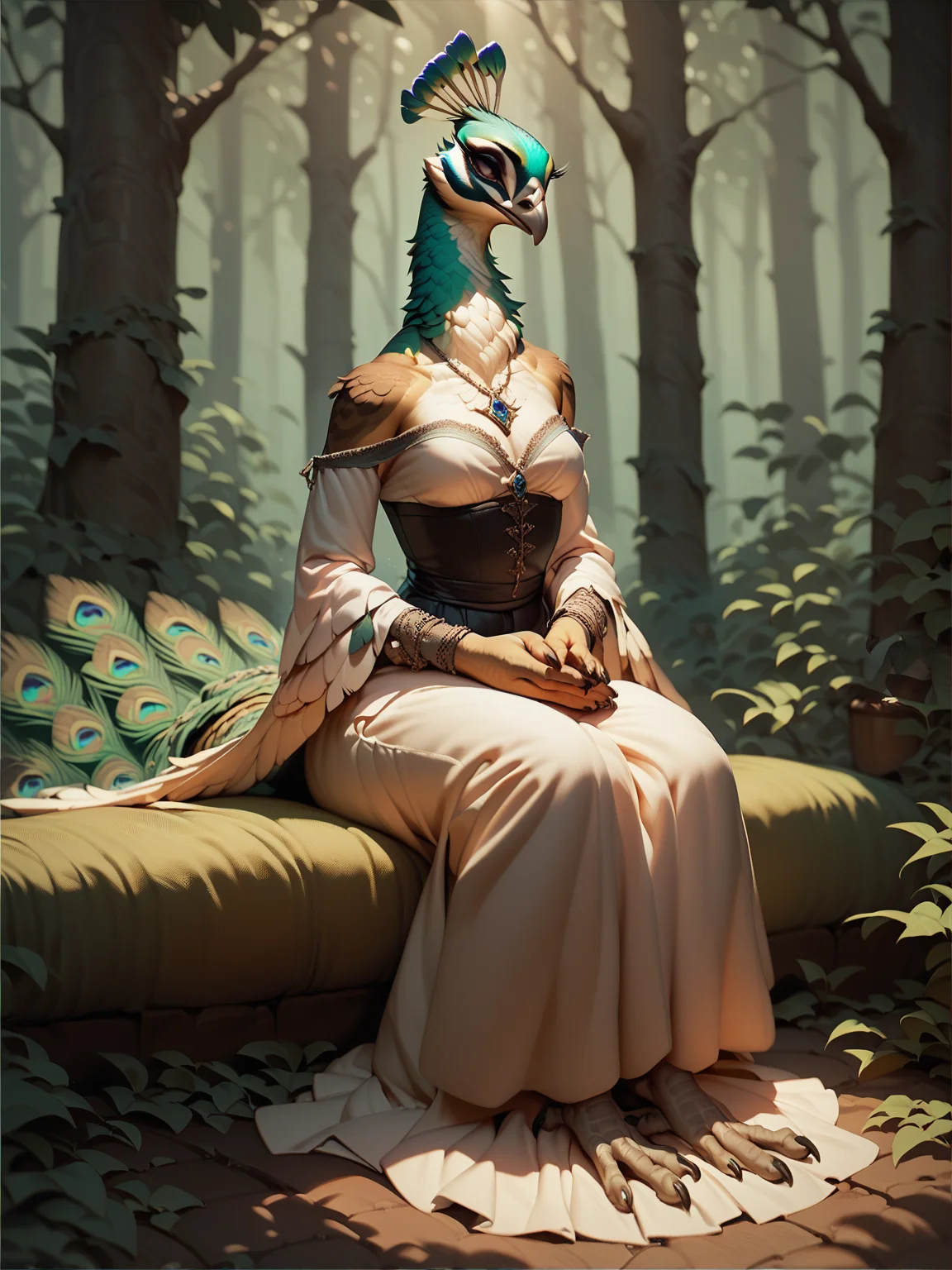 score_9, score_8_up, score_7_up, score_6_up,fscore_9, score_8_up, score_7_up, score_9, anthro, peafowl, female, open tail, outdoors, top, white and green feathers, full body, sitting, meditation, forest, rays of light, gothic fashion, dress <lora:Anthro_birds_for_pony_-_2:1>