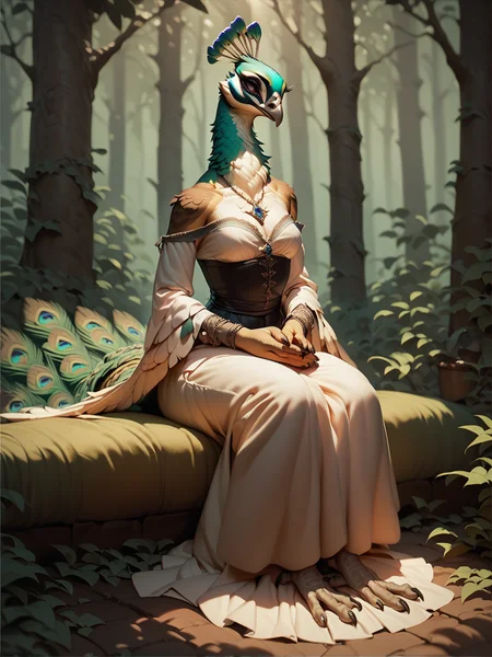 score_9, score_8_up, score_7_up, score_6_up,fscore_9, score_8_up, score_7_up, score_9, anthro, peafowl, female, open tail, outdoors, top, white and green feathers, full body, sitting, meditation, forest, rays of light, gothic fashion, dress <lora:Anthro_birds_for_pony_-_2:1>