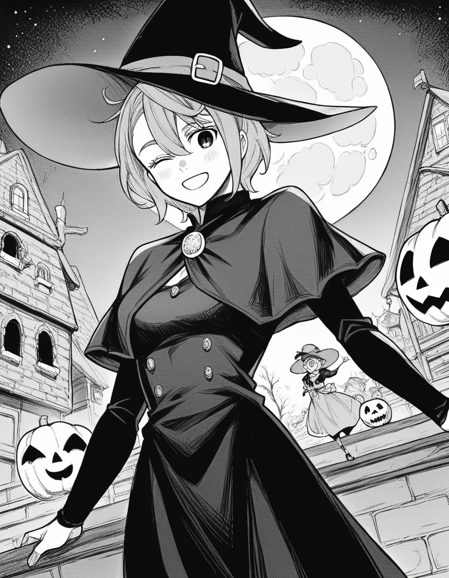score_9, score_8_up, score_7_up, source_anime, <lora:aira-shiratori-manga-ponyxl-lora-nochekaiser:1>, aira shiratori, monochrome, greyscale, short hair, sidelocks, bangs, hair between eyes, medium breasts,, <lora:witch-ponyxl-lora-nochekaiser:1>, witch, hat, witch hat, dress, halloween, halloween costume, jewelry,, night, moon, blush, smile, one eye closed,, , dutch angle, cowboy shot