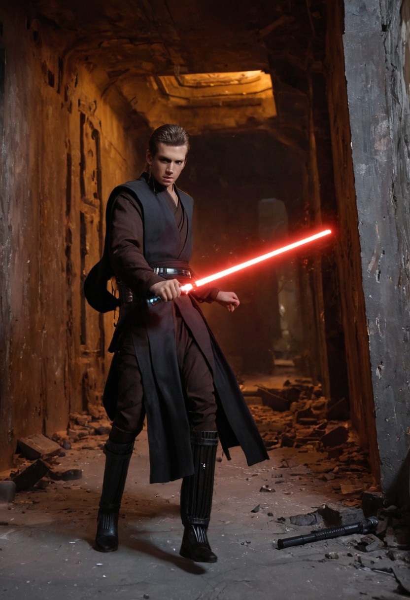 shot of <lora:Anakin_Padawan_Jedi:0.8> A full-body shot of a Sith warrior walking with a cocky attitude through a dark, ruined corridor inside a destroyed Imperial Star Destroyer. He wears all-black clothing and has long black hair flowing behind him. A deep scar runs across his entire face, and his glowing orange eyes burn with intensity. A red lightsaber illuminates the corridor, casting dramatic shadows as he walks. An electric guitar hangs on his back, contrasting with the ancient weapon he wields. The air is filled with smoke, floating ash, and small flames flickering along the walls. The only light source is the red glow from his lightsaber, creating a moody, cinematic atmosphere.