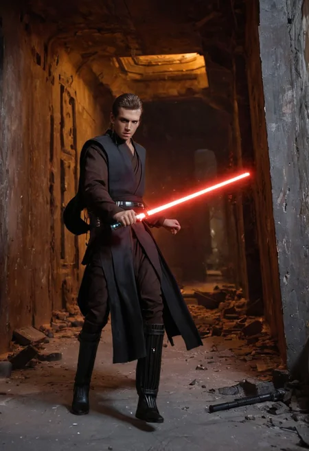 shot of <lora:Anakin_Padawan_Jedi:0.8> A full-body shot of a Sith warrior walking with a cocky attitude through a dark, ruined corridor inside a destroyed Imperial Star Destroyer. He wears all-black clothing and has long black hair flowing behind him. A deep scar runs across his entire face, and his glowing orange eyes burn with intensity. A red lightsaber illuminates the corridor, casting dramatic shadows as he walks. An electric guitar hangs on his back, contrasting with the ancient weapon he wields. The air is filled with smoke, floating ash, and small flames flickering along the walls. The only light source is the red glow from his lightsaber, creating a moody, cinematic atmosphere.