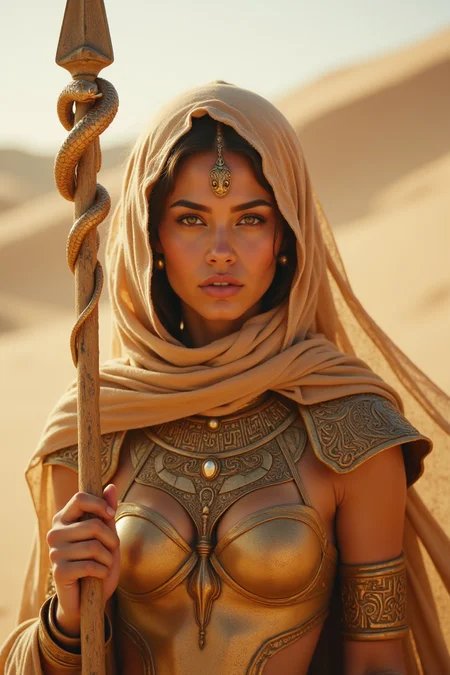 The sand empress, Extreme Upper Body Closeup Portrait, Sandy beige and bronze color graded, Face partially covered by a wind-swept scarf hood, Desert nomad inspiration, analog Photo of a fierce armored desert conjurer with a staff entwined with golden serpents, the serpents' eyes glimmering faintly, sandstorm sovereign, action pose, featuring a relentless, a desert warrior with translucent sand-based powers. She is depicted in a swirling sandstorm, gripping a spear made from crystallized sand. The glowing bronze outlines define the rugged lines of her form, weathered armor. The armor includes a rich bronze and beige chest piece with detailed hieroglyphic patterns.