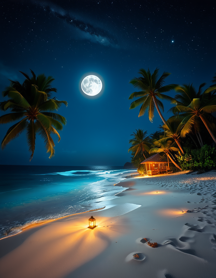 A breathtaking tropical beach at night, illuminated by the soft glow of the moon and twinkling stars. The ocean waves gently lap against the shore, reflecting silver moonlight. Tall palm trees sway slightly in the warm night breeze, their silhouettes contrasting against the deep blue sky. The sand appears smooth and slightly damp, glowing under the moonlight. In the background, distant islands are faintly visible on the horizon, their outlines softened by a light mist. The sky is filled with a mesmerizing display of stars, with the Milky Way faintly visible. The atmosphere is tranquil and serene, evoking a sense of peace and wonder. The image has a high level of detail, realistic textures, and a dreamy cinematic quality.
<lora:SDXLFaeTastic2400:0.4> <lora:extremely_detailed:0.4> extremely detailed,  <lora:tropical_beach_4t_n1ght:1>,tropical beach 4t n1ght, Masterpiece,best quality,hi res,8k,hi res,8k,award winning,(sharp focus, intricate, highly detailed),
