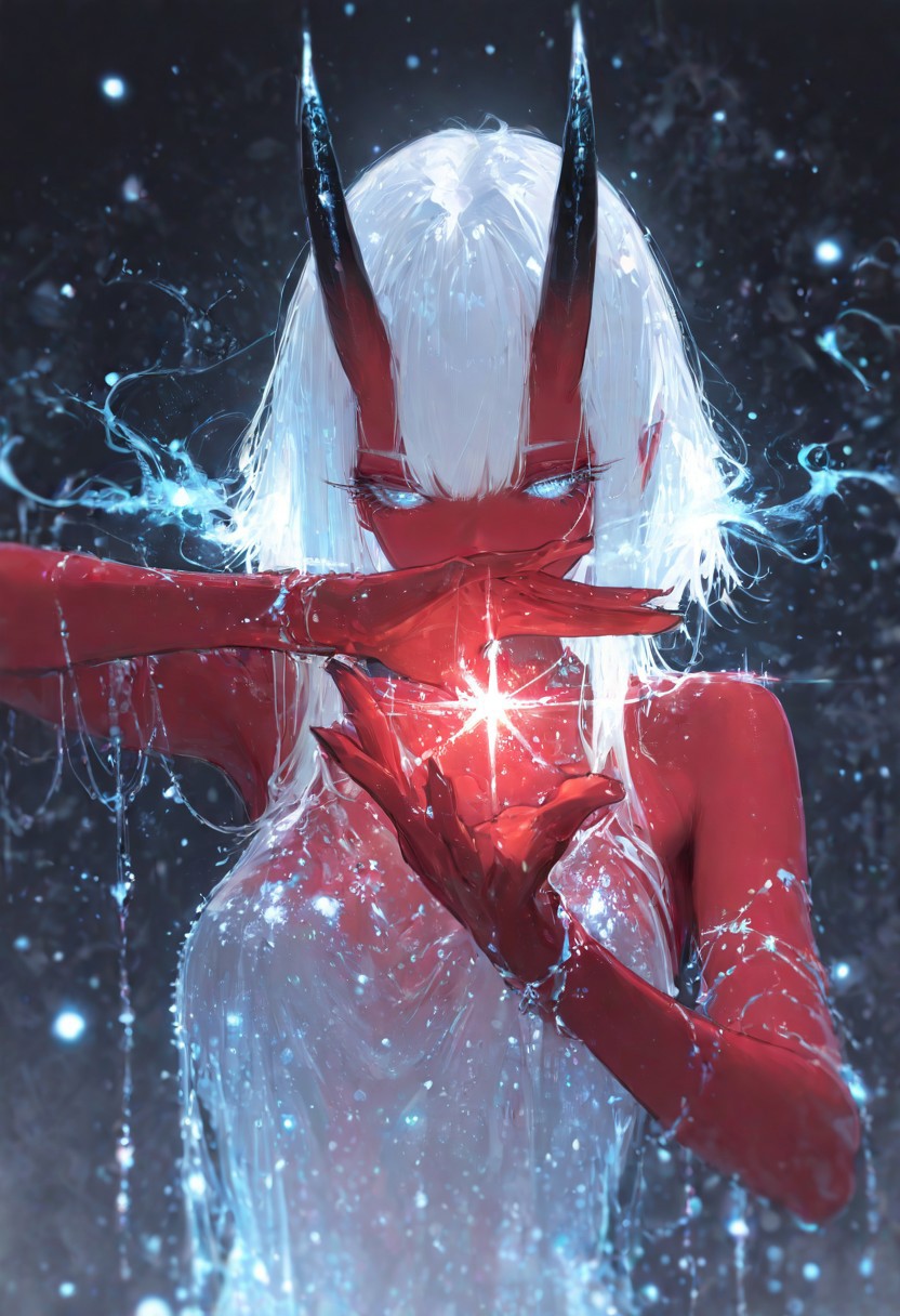 (EyesHD:1.2), (4k,8k,Ultra HD), masterpiece, best quality, ultra-detailed, very aesthetic, sharp focus, depth of field, ray tracing, best lighting, detailed illustration, detailed background, cinematic, glowing particles, shinny, glitter, beautiful face, beautiful eyes, 
BREAK
ambient occlusion, raytracing, soft lighting, blum effect, masterpiece, absolutely eye-catching, particles, glow, shining, intricate cinematic background, 
BREAK
masterpiece, amazing quality, best quality, ultra-detailed, 8K, illustrating, CG, clear skin, ultra-detailed-eyes, detailed background, cute girl, eyelashes
BREAK
Aka-Oni, oni, colored skin, (red skin:1.3), smooth horns, black horns
BREAK
 covered mouth,pose, motion blur,blurry background, Ethereal Brushstroke,dhjs, dino_(dinoartforame)