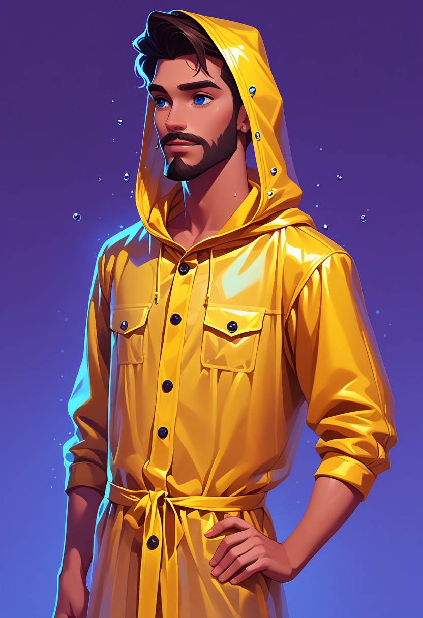 score_9, score_8_up, score_7_up, mgas, masterpiece, best quality, detailed eyes, detailed face, perfect eyes, high detailed, absurdres, highres, casual game art, mobile game art, merge 3 game art, character design, BREAK, 1boy, man, mature, solo, handsome, thoughtful, (muscular), blue eyes, dark brown short hair, beard and mustache, yellow hooded raincoat, ((hood on head, black laces from the hood)), black buttons on the raincoat, two pockets at the bottom of the raincoat, ((water drops on the raincoat:1.5)), BREAK (his right hand is raised, shielding himself from the sun with his right hand), (his left hand on his hip), standing, cowboy shot, BREAK looking into the distance, simple background, purple background