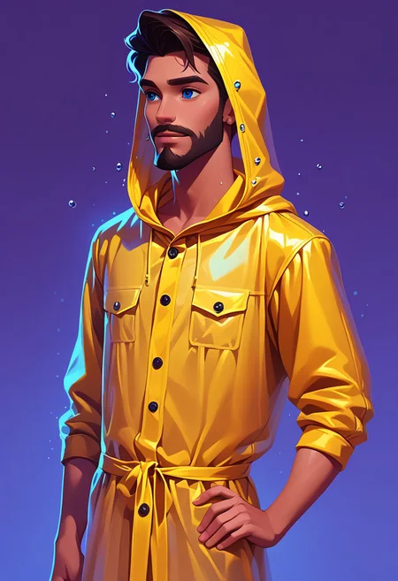 score_9, score_8_up, score_7_up, mgas, masterpiece, best quality, detailed eyes, detailed face, perfect eyes, high detailed, absurdres, highres, casual game art, mobile game art, merge 3 game art, character design, BREAK, 1boy, man, mature, solo, handsome, thoughtful, (muscular), blue eyes, dark brown short hair, beard and mustache, yellow hooded raincoat, ((hood on head, black laces from the hood)), black buttons on the raincoat, two pockets at the bottom of the raincoat, ((water drops on the raincoat:1.5)), BREAK (his right hand is raised, shielding himself from the sun with his right hand), (his left hand on his hip), standing, cowboy shot, BREAK looking into the distance, simple background, purple background