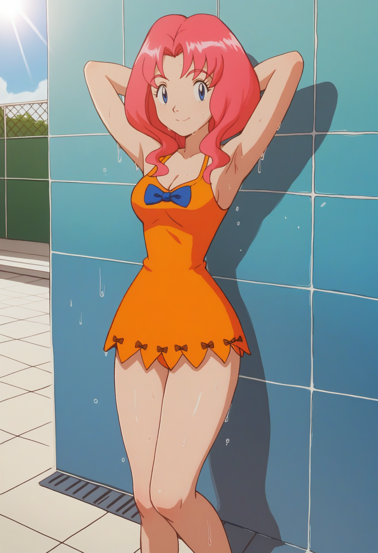 score_9, score_8_up, score_7_up, score_6_up, <lora:PMLily:0.9>, PMLily, 1girl, solo, pink hair, blue eyes, short hair, parted bangs, cleavage, 
orange dress, short dress, sleeveless, blue bowtie, brown ribbon, barefoot, 
standing, arms behind head, looking at viewer, smile, sweat, wet, soaked, armpits, 
BREAK, blue sky, sunlight, day, tile wall, pool,