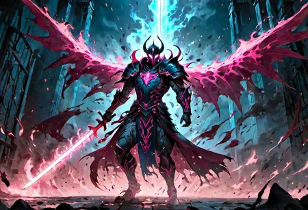 full body warrior of light in white and dark pink armor clad in shadow dark mist has pink glow eyes with a thing blue mist running from the side of his eyes upwards masked face wielding a stylized katana of light angrey look blood stained cape right shoulder on black fire cloth mask revealing angrey eyes, with huge blue and black angle wings,
standing infront massive gates.