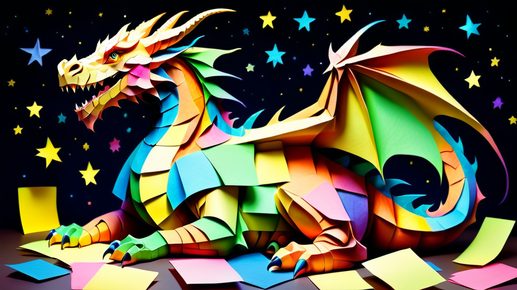 a massive colorful dragon with fine scales made out of Jed-StickyN, laying down curled up asleep, (eyes closed, head down, neck stretched out, head on front feet:1.3), dynamic angle, dark fantasy, intricate details, ultra wide shot, zoomed out, 
<lora:StickyNotesStyle:1>,  <lora:add-detail-xl:0.7>,  <lora:sd_xl_dpo_lora_v1:1>, <lora:xl_more_art-full_v1:0.3>,  set against a  background of a starry sky,