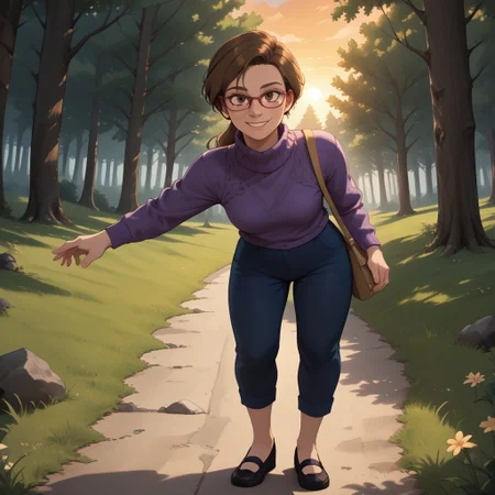 score_9, score_8, BREAK, solo, brown hair, ponytail, brown eyes, red glasses, dark purple sweater, dark blue pants, black sandals, Jill_Andersen_(Inside_Out), sexy pose, self portrait, smile, outdoors, sunlight, shadows, evening lighting, natural lighting, forest, trees, grass, orange sky, sunset