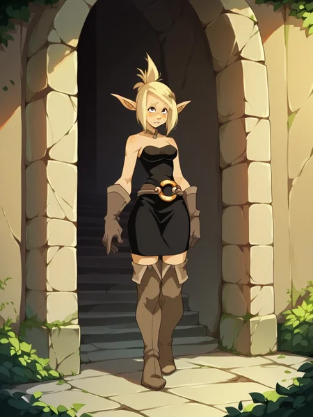 score_9, score_8_up, score_7_up, score_6_up, score_5_up, <lora:wakfuXLP:1> wakfu, 1girl, blonde hair, pointy ears, full body, black dress, thigh boots, gloves, belt