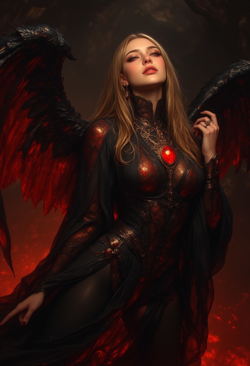 A majestic and ethereal woman stands in a shadowed, mystical environment, her large black feathered wings arching dramatically behind her. The wings curve outward with breathtaking, lifelike texture, highlighted by subtle reflections that add depth and contrast. Her serene expression radiates quiet power and wisdom, framed by golden blonde hair cascading past her shoulders, with crimson-tipped strands adding striking contrast.
She wears a flowing, sheer black gown adorned with intricate, ember-like patterns fading between crimson and gold. The translucent fabric reveals her graceful silhouette while accentuating the glowing designs. The gown’s draped sleeves enhance her regal, otherworldly presence, as her slightly raised arms and delicate hand movements evoke the sense of a ritual or performance. Gold accents on her wrists and fingers shimmer softly, and a glowing red gemstone pendant at her neck pulses faintly with inner light, drawing attention to the lace-like detailing of her neckline.
The background is cavernous and ancient, bathed in red and gold hues. Soft ambient lighting creates a chiaroscuro effect, where shadows and highlights play across her figure, emphasizing her luminous skin and the intricate details of her attire. The scene exudes dark beauty, mysticism, and haunting elegance, evoking an otherworldly, sacred atmosphere.