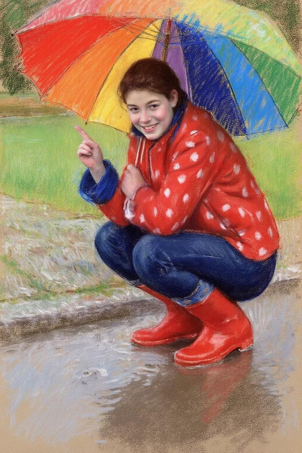 marycassatt2 drawing. A young woman, angled from slightly above and to the right, crouching low to the ground in a puddle. The young woman is wearing bright red rubber boots and a red jacket with white polka dots. The jacket sleeves are pushed up to reveal blue cuffs. The young woman also wears dark blue jeans and has a smile on her face as she extends her right index finger to touch the water in the puddle. Above the young woman is a large, open umbrella with rainbow-colored panels and a red handle. The ground is wet and paved with grey stones, reflecting the sky and umbrella. The background is slightly blurred, showing hints of green grass and trees. The lighting is overcast and diffused, typical of a rainy day. <lora:marycassatt2_cap_d6a3:1.0><lora:840707168069063717:0>