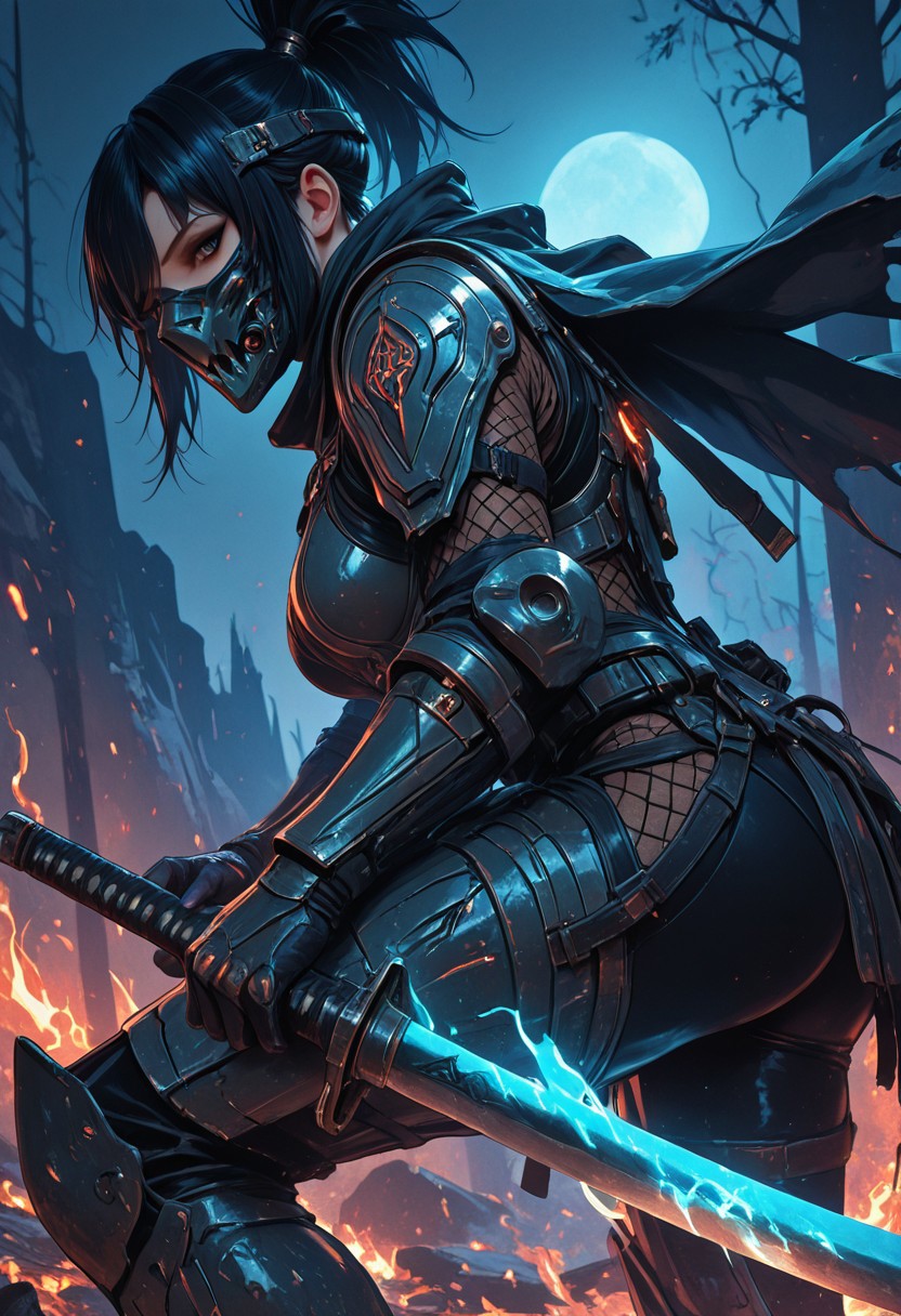 (masterpiece), (best quality), (8k), 1girl, cinematic lighting, dynamic action pose, highres, very detailed, amazing quality, masterpiece, fujimoto_tatsuki, fujimoto_tatsuki_(style), 
very aesthetic, intense,
particle effect,
1girl, shadowheart, samurai, solo, layered samurai armor, engraved, bodysuit, tight clothing, fishnets, sleeveless, futuristic armor, runic symbols etched in armor, armored legs, full mask, halfmask, flaming katana, 
assassin theme, japan theme,
looking at viewer, tough pose,
mountains, 
at night, night, close up, closeup,