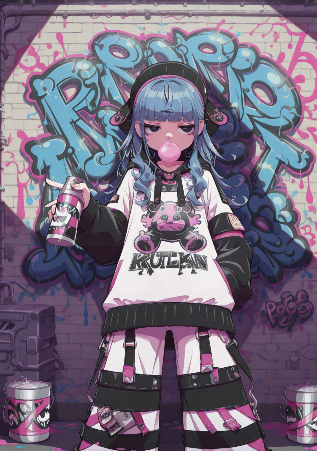 masterpiece, best quality, absurdres, perfect lighting,shiny skin,<lora:StS-Illustrious-Detail-Slider-v1.0:3>,<lora:illustrious_noobai_epsilon_pred_1_best_quality_v1:1>,1girl,Vera Misham,long hair, blue hair,blunt bangs, black eyes, <lora:Vera Misham:0.9>,graffiti,holding spray can,cap,chewing gum, paint can, painted clothes,punk,hoodie,baggy pants, <lora:grafpunk_IL:1>street_pop_art_style <lora:street_pop_art_illustriousXL:1>