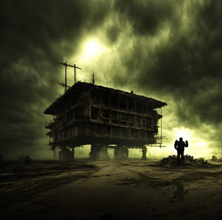 end of the world, epic realistic, ((((hdr)))), ((((muted colors)))), apocalypse, abandoned, neutral colors, night, screen space refractions, (intricate details), ((intricate details, hyperdetailed)), artstation, cinematic shot, vignette, complex background, [[teal and orange]], technicolor, flipped over building