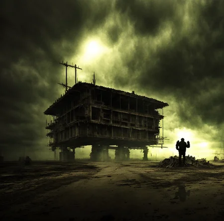 end of the world, epic realistic, ((((hdr)))), ((((muted colors)))), apocalypse, abandoned, neutral colors, night, screen space refractions, (intricate details), ((intricate details, hyperdetailed)), artstation, cinematic shot, vignette, complex background, [[teal and orange]], technicolor, flipped over building