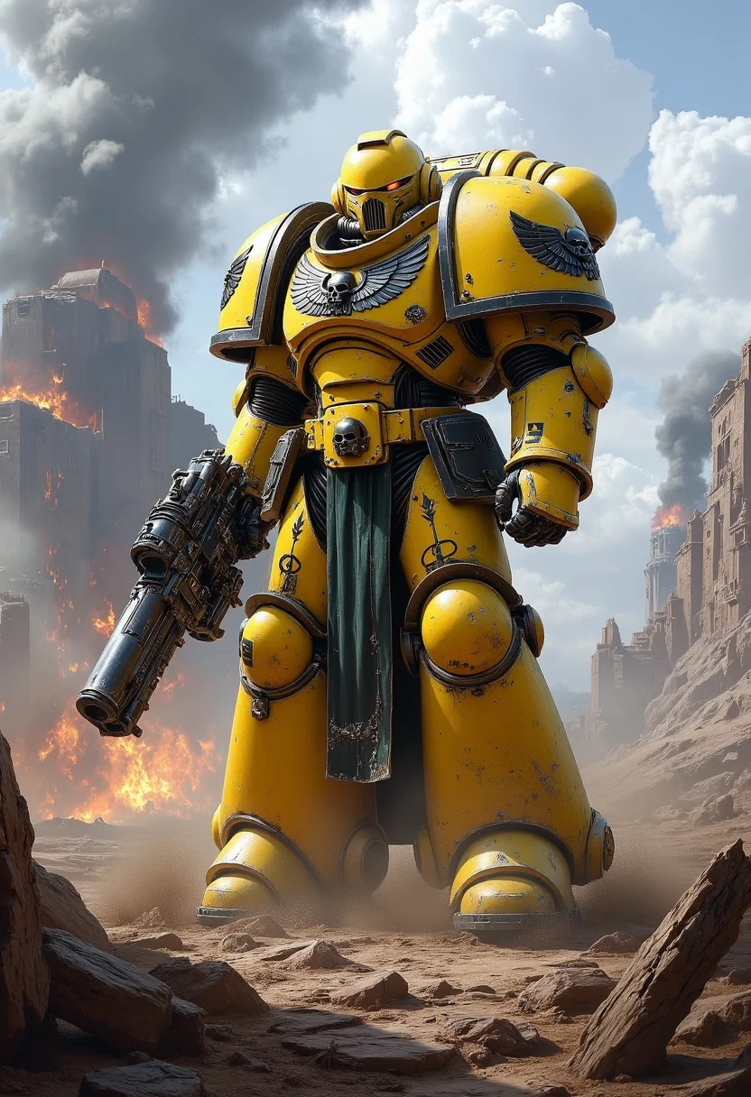 A towering imperial fists Warhammer 40k Space Marine in full ceramite power armor, standing amidst a war-torn battlefield with a bolter pistol and a chainsaw-sword.