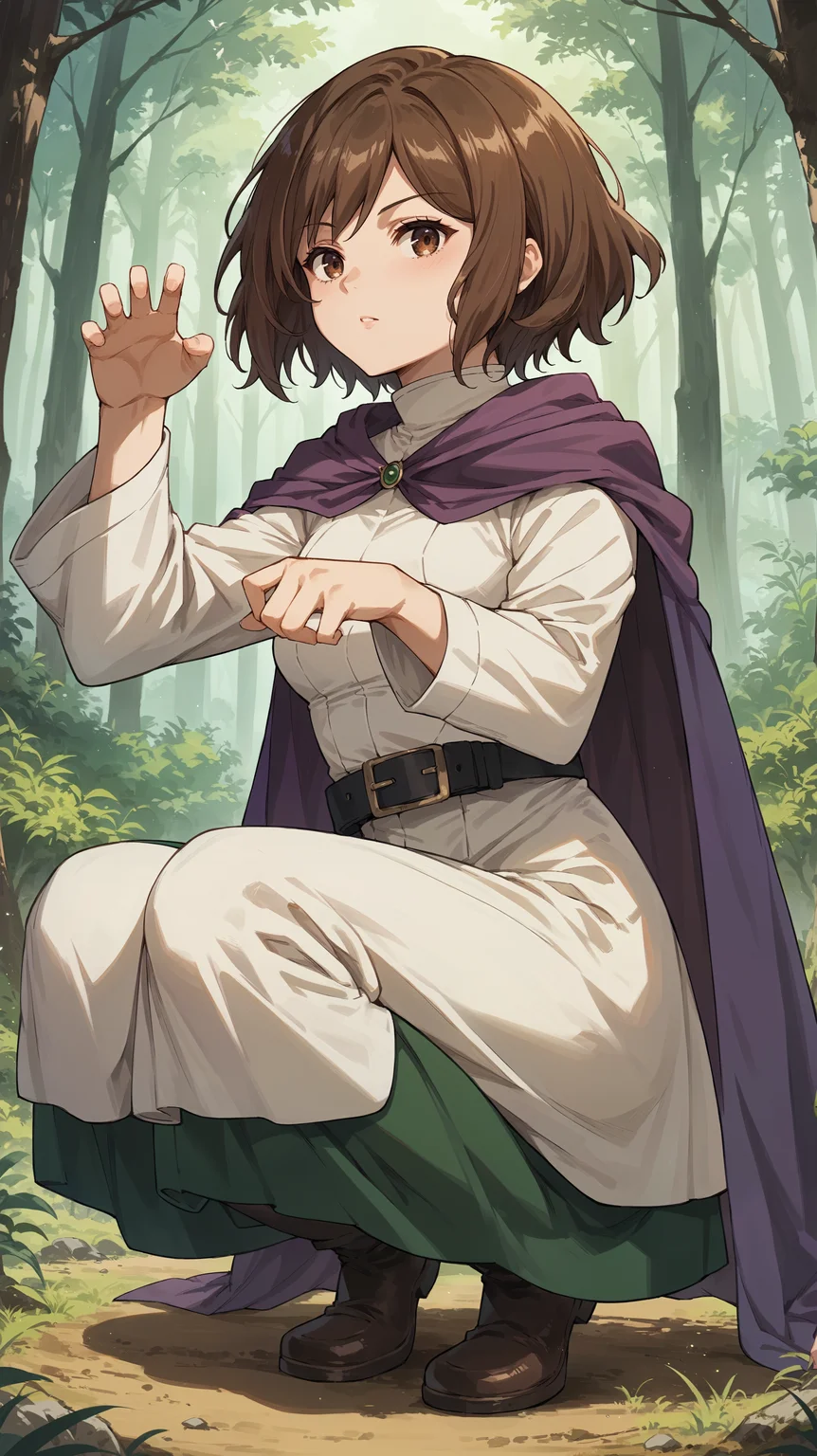score_9,score_8_up,score_7_up,score_6_up, <lora:xl_more_art-full_v1:0.5>, source_anime, girl, dynamic pose, squatting, <lora:Ehre - Pony:0.8>, short hair, brown hair, brown eyes, white dress, white robe, long sleeves, purple cape, black belt, green skirt, long skirt, forest, overgrown, nature,