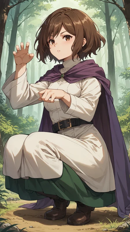 score_9,score_8_up,score_7_up,score_6_up, <lora:xl_more_art-full_v1:0.5>, source_anime, girl, dynamic pose, squatting, <lora:Ehre - Pony:0.8>, short hair, brown hair, brown eyes, white dress, white robe, long sleeves, purple cape, black belt, green skirt, long skirt, forest, overgrown, nature,