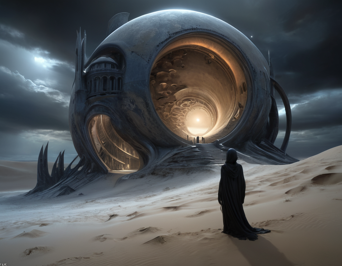The alien world's boxy architecture seemed like a puzzle waiting to be solved, its intricate design speaking volumes about the intelligence and imagination of those who dared to build among the dunes, b3ks1n