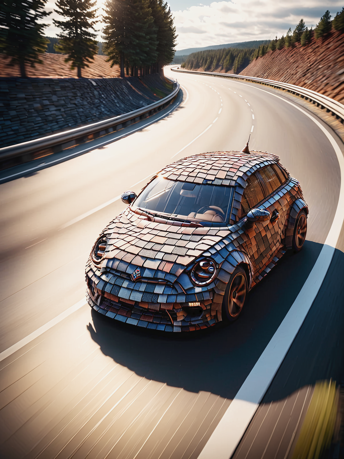 mad-shingles car driving on highway, ,motion blur, cinematic shot, great lighting  <lora:Shingles_SDXL:1>, (masterpiece:1.2), best quality
