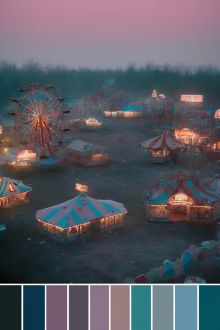 <lora:Cinema Color Palette:1>Color Palette - An abandoned carnival at twilight. The ghostly hum of forgotten rides fills the air, as a mysterious figure wanders amidst the tents.