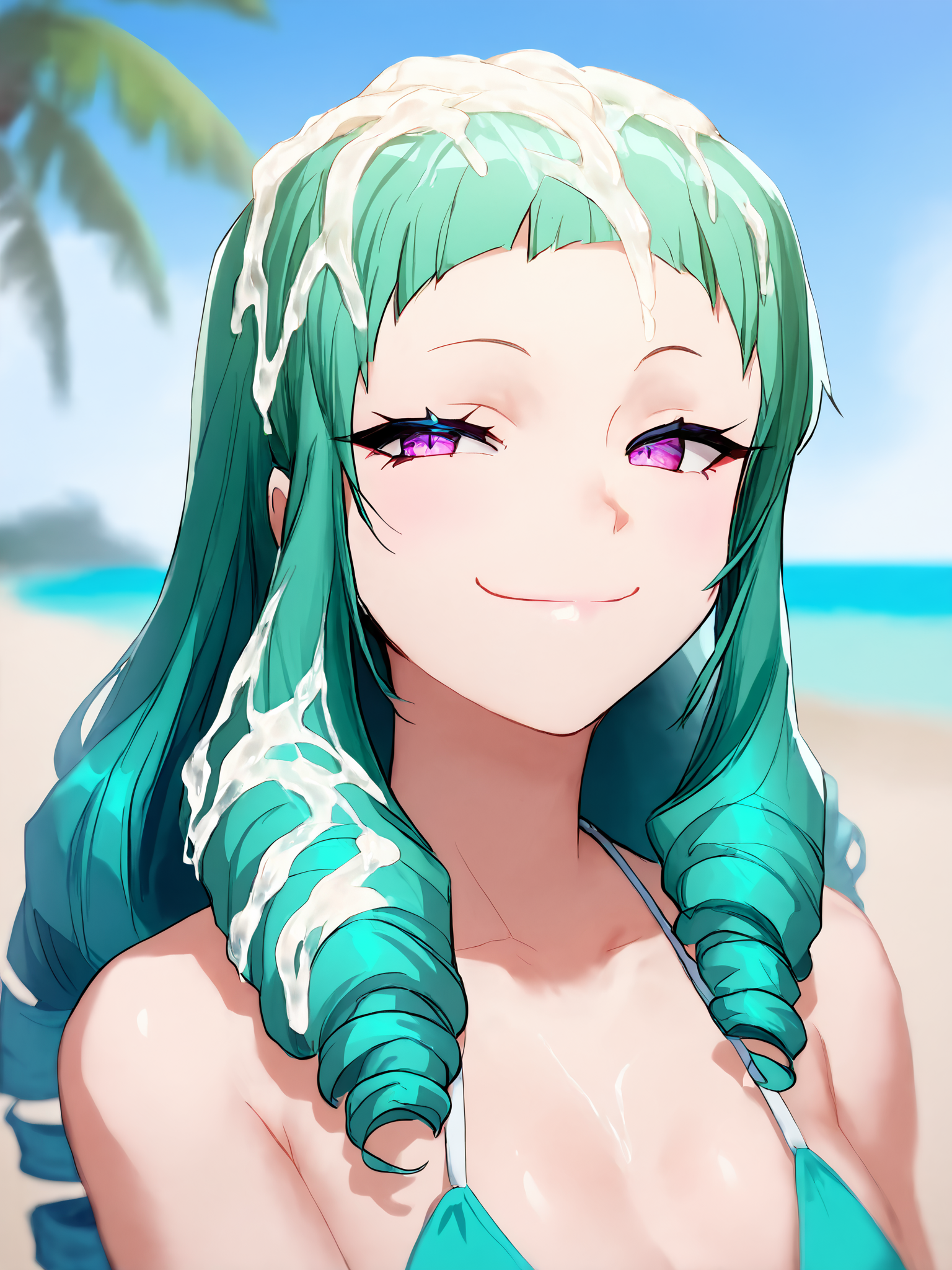 score_9, score_8_up,sharp focus,, absurdres, highres, illustration, depth of field,  beach, blue sky, palm tree,,cumhairxl, 1girl, solo, bikini,upper body, ,drill hair ,  smug, smile, looking at viewer, long hair, purple eyes, closed mouth, green hair,,, cum on hair  <lora:cumhairxl:0.75>     <lora:Bunny:1>