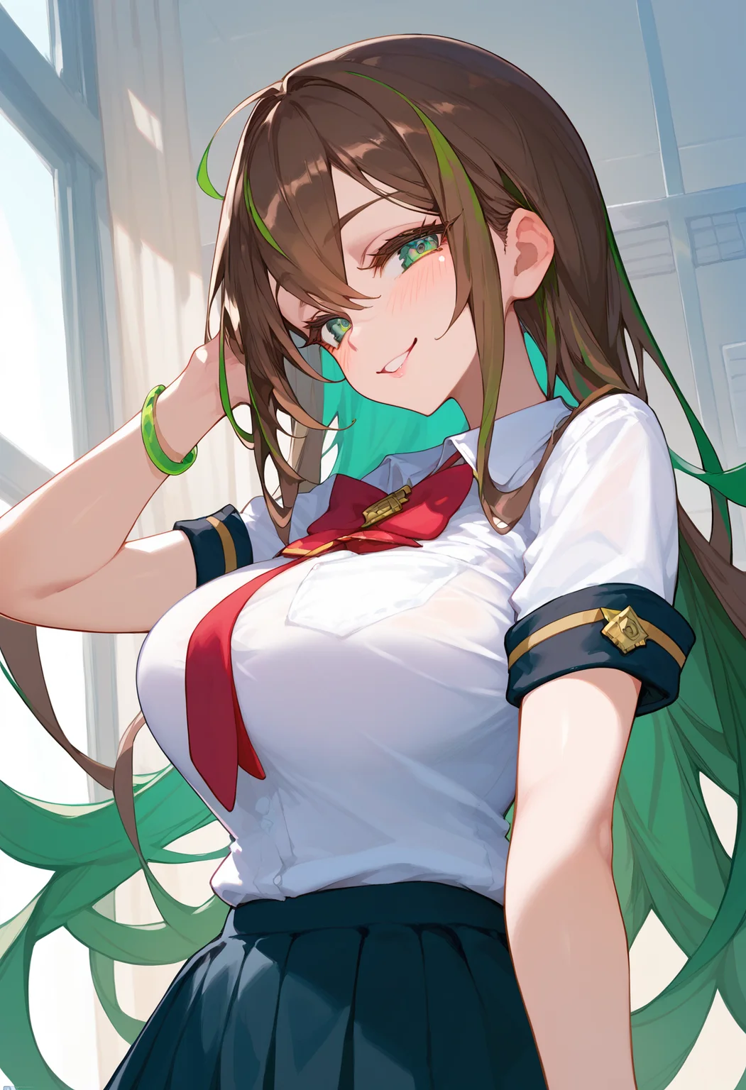 1 girl, solo, <lora:Camille:1> camille,brown hair,green eyes,two-tone hair,very long hair, seductive smile, school uniform, short sleeves, large breasts,, (score_9,score_8_up,score_7_up),best quality, masterpiece,source anime,