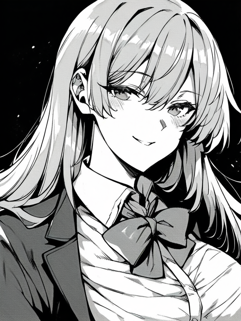 score_9, score_8_up, score_7_up, 
1girl, monochrome, grey hair, long hair, large breasts, smile, looking at viewer, narrowed eyes, blazer, bowtie, white shirt, upper body, black background,