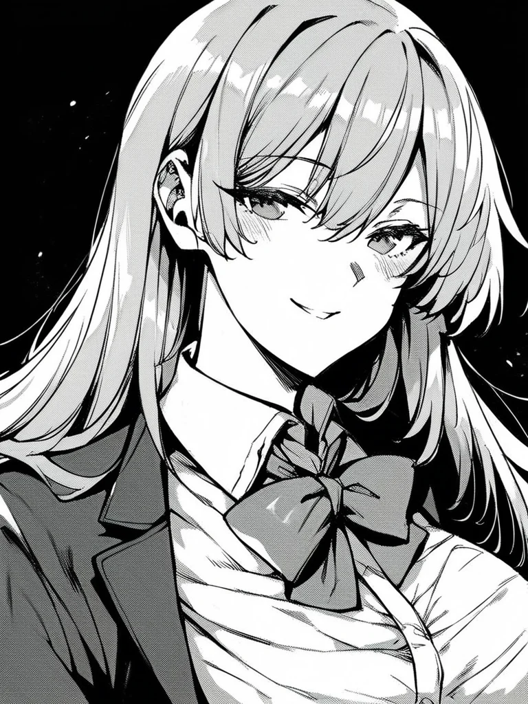 score_9, score_8_up, score_7_up,
1girl, monochrome, grey hair, long hair, large breasts, smile, looking at viewer, narrowed eyes, blazer, bowtie, white shirt, upper body, black background,
