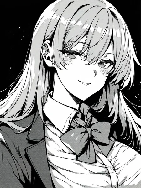 score_9, score_8_up, score_7_up, 
1girl, monochrome, grey hair, long hair, large breasts, smile, looking at viewer, narrowed eyes, blazer, bowtie, white shirt, upper body, black background,